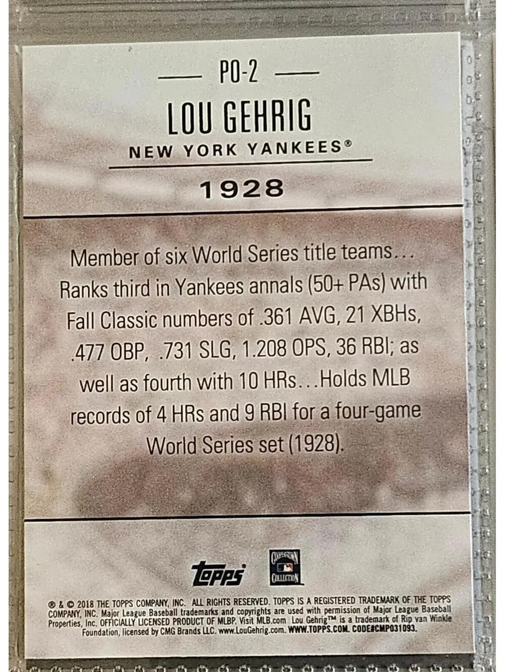 Lou Gehrig - 2018 Topps Update POSTSEASON PREEMINENCE Insert Yankees #PO-2 - Picture 2 of 2